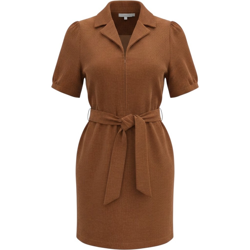 Andree by Unit Ribbed Zip-Front Belted Dress Womens Medium Brown Short Sleeve